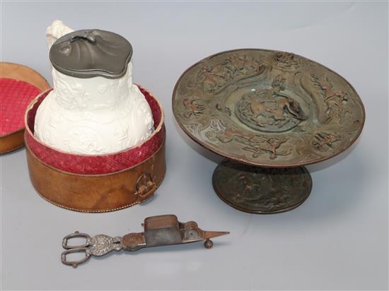 A W.R. Cobridge Albion jug, a steel candlesnuffer and an electrotype tazza